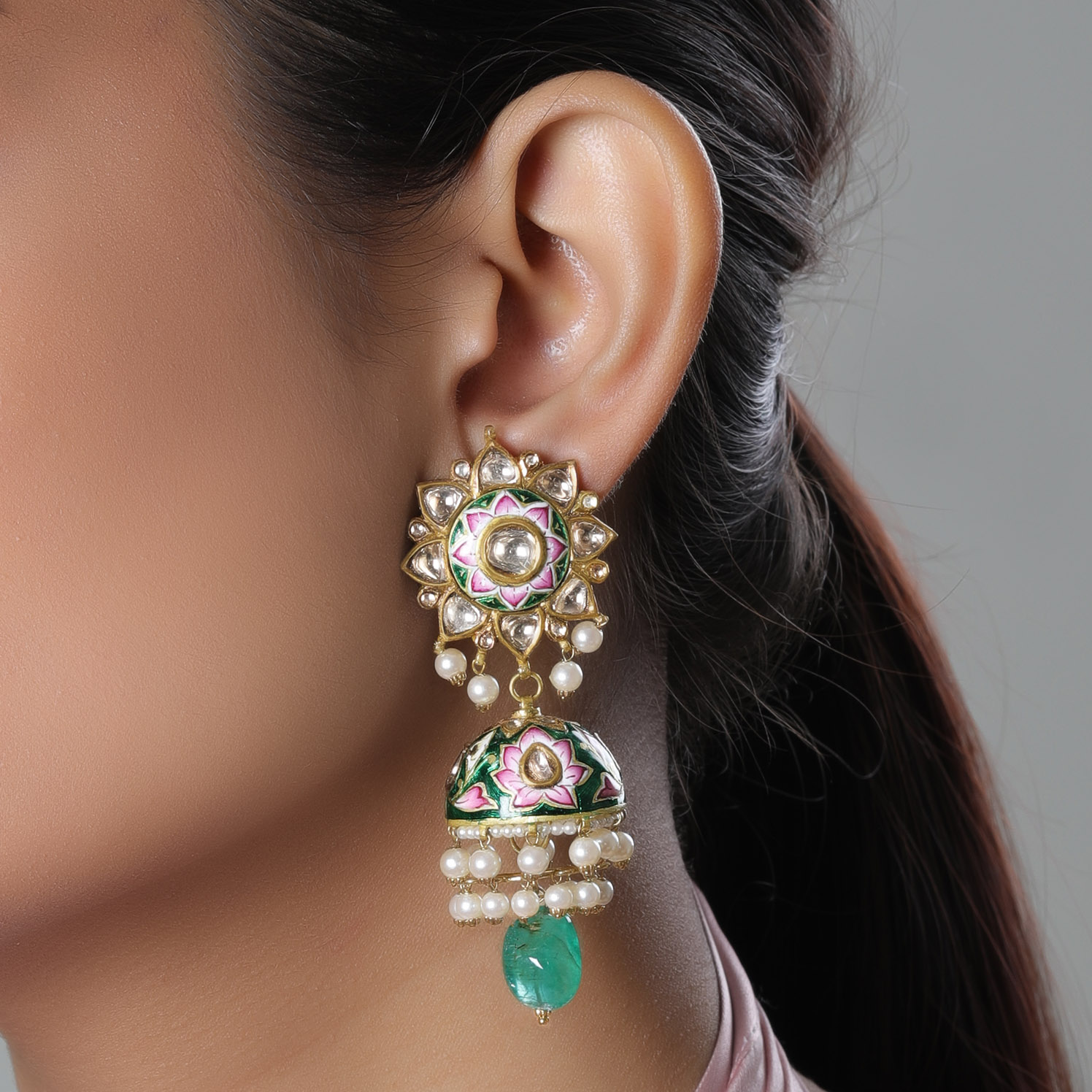 Jadau Polki Meenakari Lotus Jhoomar Earrings - Jaipur Jewels