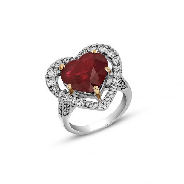 Heart Shape Ruby Studded Diamond Ring
