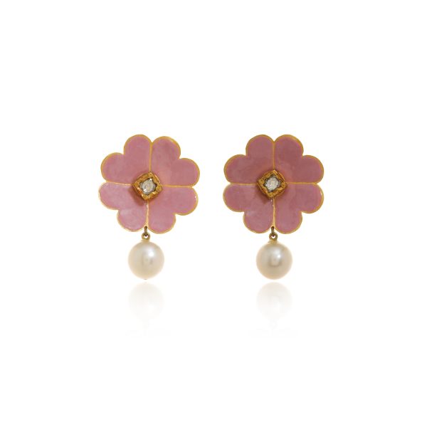 Minimalistic Floral Pink Enamel Jadav Tops With Southsea Pearl Drops