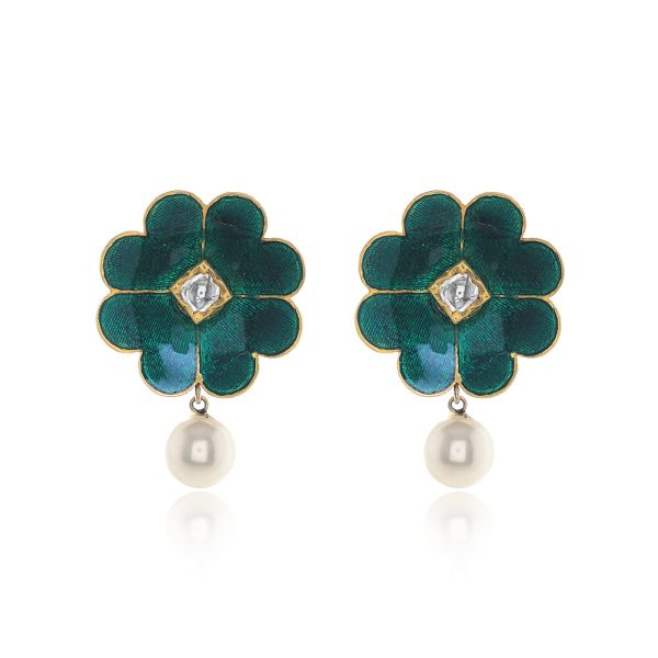 Minimalistic Floral Green Enamel Jadav Tops With Southsea Pearl Drops
