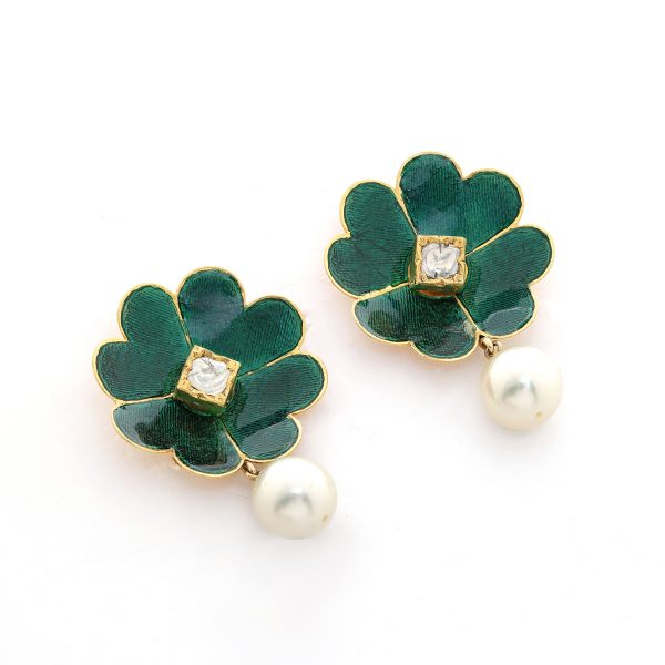 Minimalistic Floral Green Enamel Jadav Tops With Southsea Pearl Drops view 2