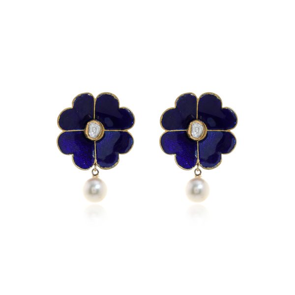 Minimalistic Floral Blue Enamel Jadav Tops With Southsea Pearl Drops