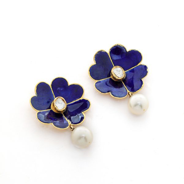 Minimalistic Floral Blue Enamel Jadav Tops With Southsea Pearl Drops view 2